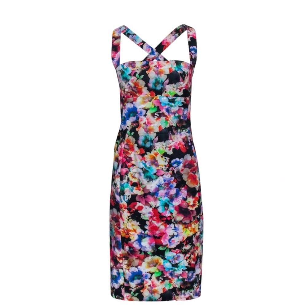 Black Halo Bryson‎ Halter Sheath Dress Women’s Size 6 Multicolor Floral Cocktail